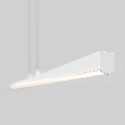 The Delta LED Linear Pendant 36IN is a minimalist white fixture suspended from the ceiling against a plain light gray background, softly illuminating its underside.