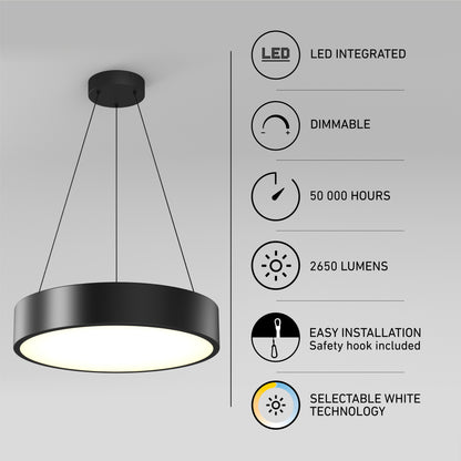The Concerto LED Pendant, a modern black circular fixture, hangs overhead. Icons and text to the right showcase: LED integrated, dimmable, 50,000-hour lifespan, 2650 lumens, easy installation, and selectable white technology.