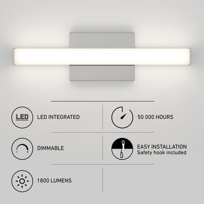 The Mylo LED Vanity Light 16IN is a modern rectangular wall fixture with bright white light, 1800 lumens, dimmable settings, 50,000-hour LED lifespan, and easy installation.