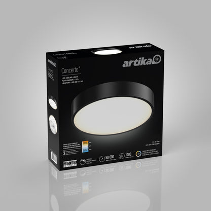 A black rectangular box displays the Concerto LED Flush Mount by Artika. The packaging features an image of the round fixture, technical specs, and the brand logo, all set against a gray background.