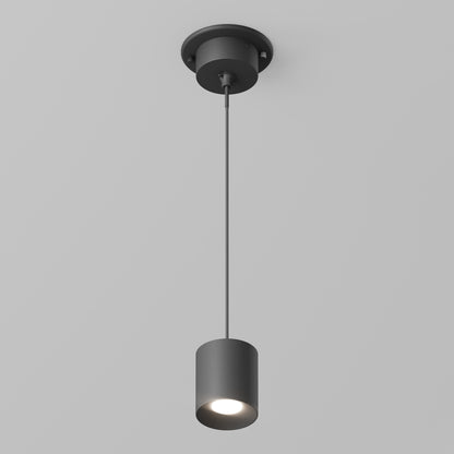 The Beam Pro 4 Integrated LED 2-IN-1 Ceiling Mount Pendant features a sleek black design, suspended by a cord and casting soft white light against a plain, light gray background.