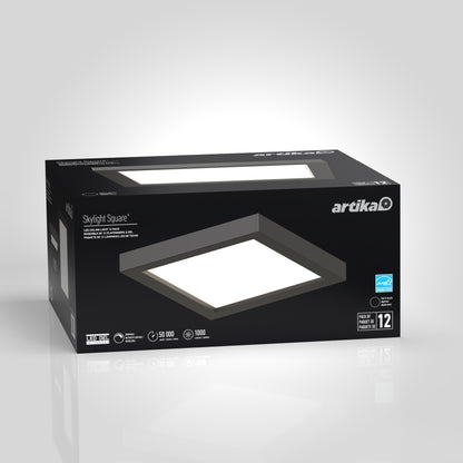 A black rectangular box for the Skylight Pro Square 7in 3K LED Flush Mount displays an image of the fixture and highlights features like a 7-inch size, long lifespan, and bright LED light output.