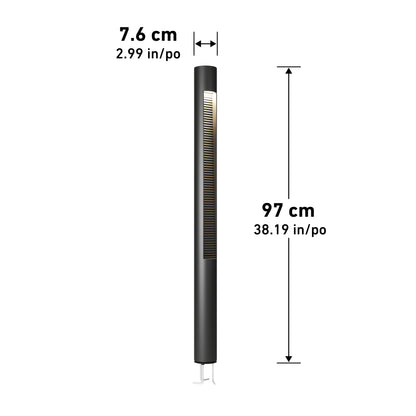 The Dark Sky Pro LED Outdoor Pathway Light Stick is a tall, slim black lamp with a vertical light strip, measuring 97 cm (38.19 in) high and 7.6 cm (2.99 in) wide; dimensions are shown in both centimeters and inches.