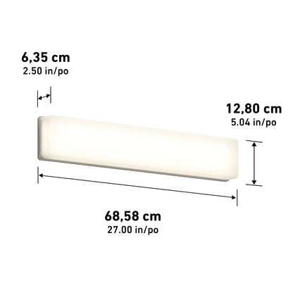 The Aster 27in Energy Star LED Vanity Light features a rectangular design with a white frosted cover and measures 68.58 cm (L) x 12.80 cm (H) x 6.35 cm (D).