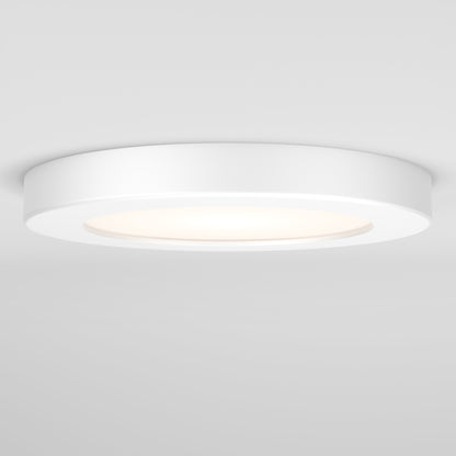 The Skylight Pro 5 3K LED Flat Panel Light is a modern, round, white ceiling fixture with a minimalistic design and smooth surface, mounted on a white ceiling to emit a soft, diffused glow.