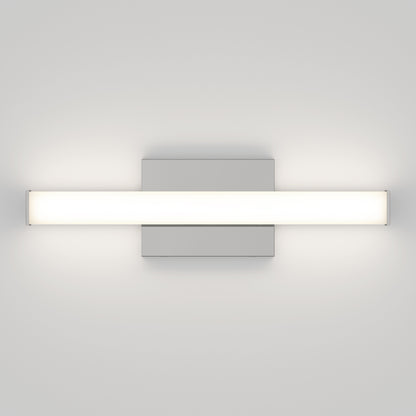 The Mylo LED Vanity Light 16IN is a modern wall-mounted fixture with a rectangular backplate and a horizontal frosted glass tube, casting soft, even light against a plain white wall.