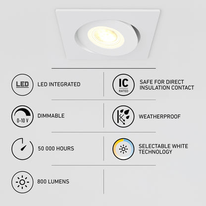 The Skyview 4in Gimbal Square, 5CCT LED is a square recessed light ideal for indoor/outdoor use, with adjustable dimmable (0-10V) integrated LED, selectable white (5CCT), 800 lumens, 50,000-hour lifespan, IC rating, and weatherproof design.