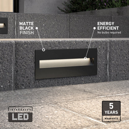 The Dark Sky Step Light Pro- Black 12in is installed on a concrete wall, illuminating the steps. It features a matte black finish, energy efficiency, no bulbs required, and comes with a 5-year warranty.