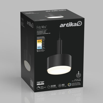 A black Artika box features an image of the Fritz Mini LED Pendant and highlights key features such as dimmable performance, tunable colour temperature, and specifications on its modern packaging.