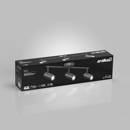 A black rectangular box for the Artika Alpha LED Track 3-Light, displaying an image of the adjustable 3-head ceiling fixture and product details on the packaging, set against a light gray background.