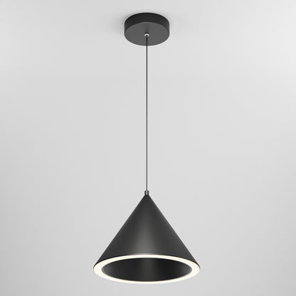 The Denali LED Pendant 3CCT features a modern black cone shade suspended from a slim black cord and round ceiling mount. Its inner edge emits a soft white glow, creating a stylish accent against any plain white backdrop.