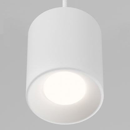 A close-up of the Beam Pro 4 Integrated LED 2-IN-1 Ceiling Mount Pendant, a modern cylindrical white light fixture hanging from the ceiling with its light on, set against a plain gray background.