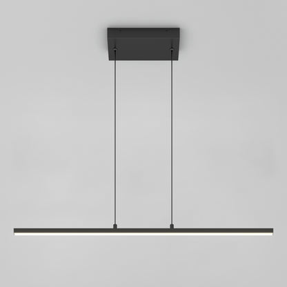 The Delta LED Linear Pendant 36IN is a modern, minimalist black fixture featuring a long horizontal LED bar, suspended from the ceiling by two thin cables against a plain light gray background.