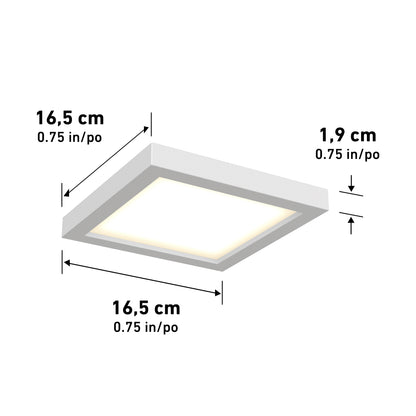 Skylight Pro Square 7in 3K LED Flush Mount features dimensions of 17.8 cm (7 in) width and length, and a height of 1.9 cm (0.75 in), with arrows marking each dimension in both centimeters and inches.
