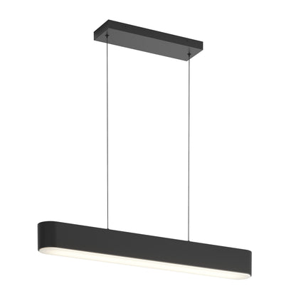 The Willow LED Pendant is a modern black rectangular fixture with rounded edges, suspended by two thin cables and featuring a white underside for diffused lighting.