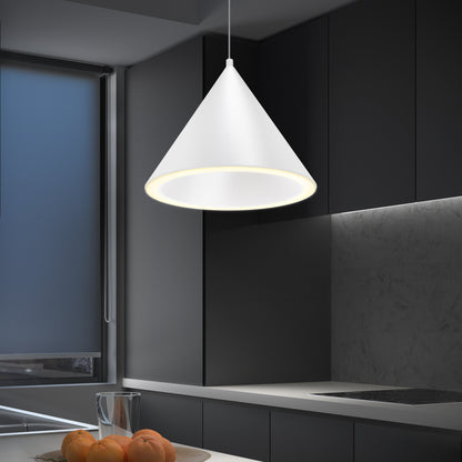 A modern kitchen with dark cabinets, a marble backsplash, and the Denali LED Pendant 3CCT hanging above a countertop with a glass and three peaches.