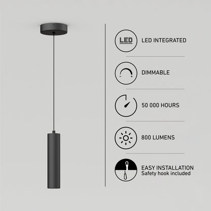 The Damian LED Cylinder Pendant, in black, hangs from the ceiling. Icons and text showcase its features: integrated LED, dimmable, 50,000-hour lifespan, 800 lumens brightness, and easy installation with an included safety hook.