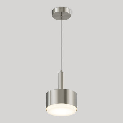 The Fritz Mini LED Pendant features a brushed metal cylinder and frosted glass diffuser, suspended by a thin cord from a round ceiling mount. This modern light offers dimming and tunable colour temperature, shown here against a plain light gray background.