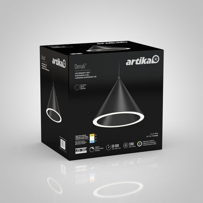 A black box with "artika" and "Denali LED Pendant 3CCT" in white text, plus a photo of the modern fixture. Highlights include 50,000-hour life, 1300 lumens brightness, and advanced LED technology.