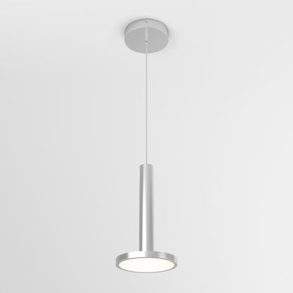 The Romeo 1-Light LED Pendant, featuring a modern silver cylindrical design, hangs from a thin cord against a white background and emits a soft downward glow when illuminated.