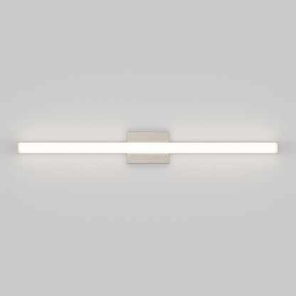 The Mylo LED Vanity Light 36IN is a modern, wall-mounted fixture featuring a slim, horizontal glowing bar on a rectangular metal base, shown against a plain white background.