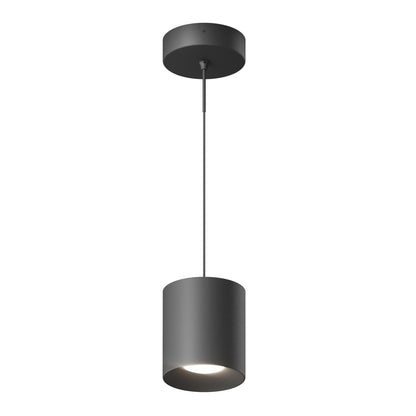 The Beam Pro 6 Integrated LED 2-IN-1 Ceiling Mount Pendant features a sleek black cylindrical design, suspended by a thin cord and casting focused light downward from the ceiling.