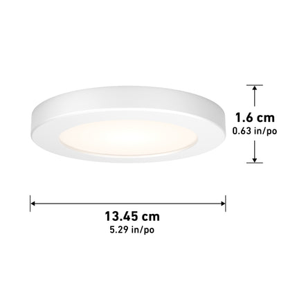 The 5FLPR-SP3-W is a round, white ceiling light measuring 1.6 cm (0.63 in) thick and 13.45 cm (5.29 in) wide, softly glowing at its center.