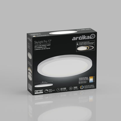 Box containing a 12" LED Skylight with 3 colour trim rings, round white ceiling light, includes details on brightness, lifespan, color temperature, and key features.