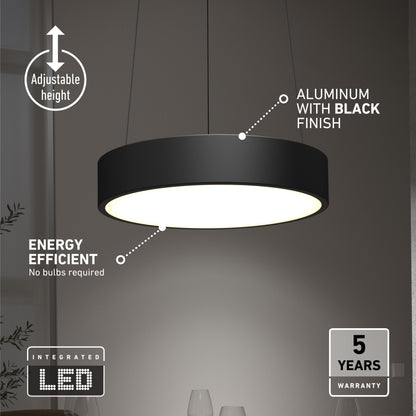 The Concerto LED Pendant is a modern black aluminum fixture with adjustable height, integrated energy-efficient LED, and a 5-year warranty. No bulbs required—just stylish lighting from ceiling to floor.