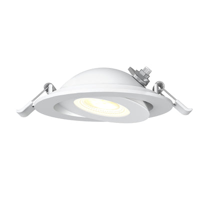The Skyview 4in Gimbal Round, 5CCT LED is a recessed light fixture with adjustable tilting white trim and metal spring clips, JA8-2022 compliant. Shown illuminated against a white background, it emits a warm glow.