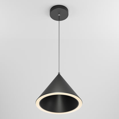 The Denali LED Pendant 3CCT is a modern black cone-shaped light with a thin cord and an illuminated circular ring at the open bottom, suspended against a plain white background.