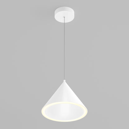 The Denali LED Pendant 3CCT, featuring a modern white conical shade, hangs from the ceiling by a thin cord and glows softly against a plain gray background.