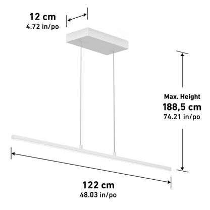 The Delta Pendant 48IN 3CCT Pro is a minimalist white hanging light with a rectangular ceiling mount, measuring 12 cm wide, 122 cm long, and a max hanging height of 188.5 cm. Dimensions are provided in both cm and inches.