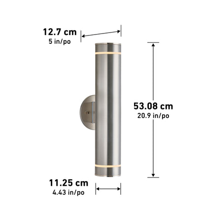 The C7 Pro Outdoor LED Wall Light features a cylindrical brushed metal finish and measures 53.08 cm tall, 12.7 cm deep, and 11.25 cm wide, with dimensions clearly labeled in the image.