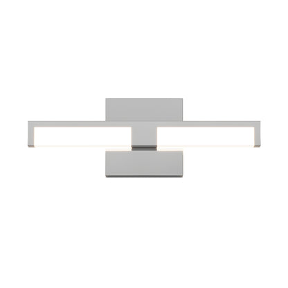 The Tivoli 14'' LED Vanity Light features a minimalist, wall-mounted rectangular design in a silver finish, with a horizontal bar on a central plate that emits a soft, even light.