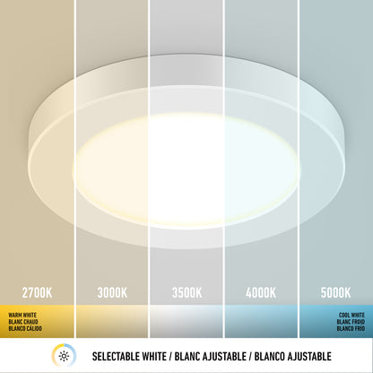 The 5" LED Skylight with 3 colour trim rings features five selectable white color temperatures, ranging from warm white at 2700K to cool white at 5000K, shown in labeled sections with a selectable white icon underneath.