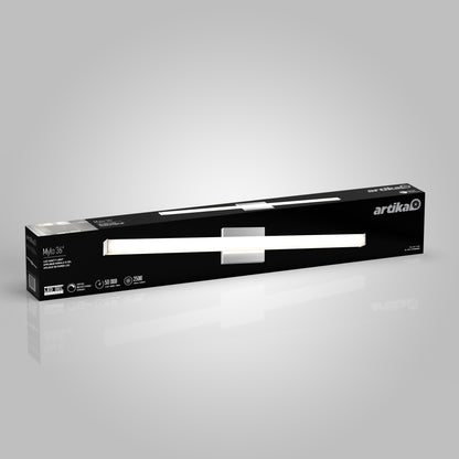 A rectangular black box displays the Mylo LED Vanity Light 36IN, featuring a white LED fixture. The packaging showcases icons and text that highlight the product's features and specifications.