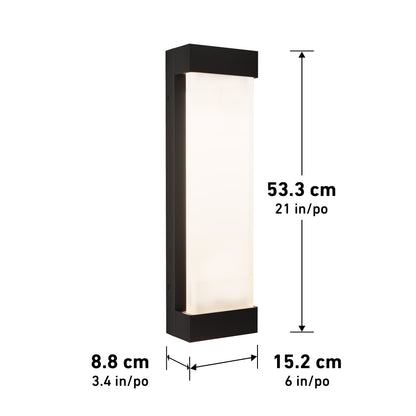 The Glacier Pro Integrated LED Outdoor Wall Light features a rectangular design with a frosted panel, black frame, and measures 53.3 cm (21 in) tall, 15.2 cm (6 in) wide, and 8.8 cm (3.4 in) deep.