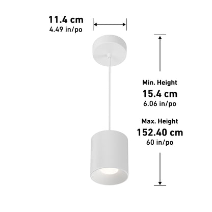 The Beam Pro 6 Integrated LED 2-IN-1 Ceiling Mount Pendant features a white cylindrical shade, adjustable cord, 11.4 cm (4.49 in) diameter, and adjustable height from 15.4 cm (6.06 in) to 152.40 cm (60 in).