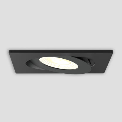 The Skyview 4in Gimbal Square, 5CCT LED is a modern rectangular black recessed ceiling light with an adjustable central LED, shown mounted on a plain light gray background.
