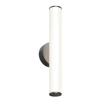 The Kalio Indoor LED Wall Sconce 18" features a cylindrical frosted glass shade, vertical matte black base, and emits a soft, even glow for contemporary spaces. Compatible with 0-10V dimming and 120-277V input.