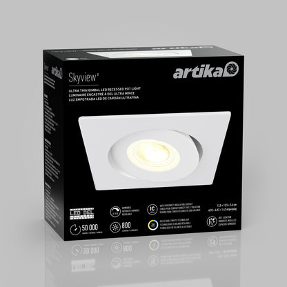 Black box packaging for Artika's Skyview 4in Gimbal Square 5CCT LED, showing a white square fixture, JA8-2022 compliant info, and icons for features such as a 50,000-hour lifespan and 800 lumens.