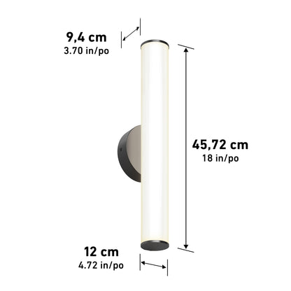 The Kalio Indoor LED Wall Sconce 18" 0-10V 120-277V is a modern matte black cylindrical wall light measuring 9.4 cm wide, 12 cm deep, and 45.72 cm tall, with a sleek round base for a contemporary look.