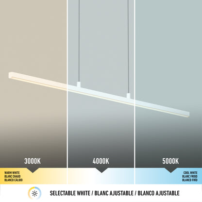 The Delta LED Linear Pendant 36IN features three color temperatures—3000K warm white, 4000K neutral white, and 5000K cool white—with each segment distinctly labeled and visually separated for clarity.