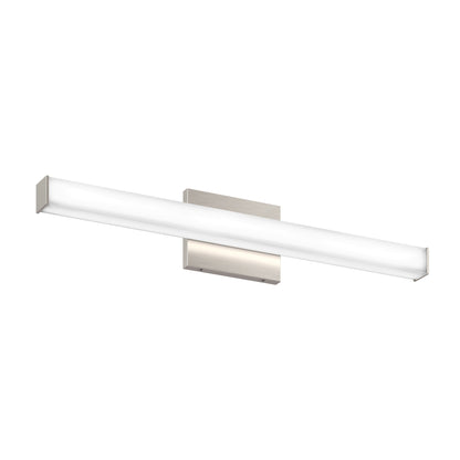 The Mylo LED Vanity Light 24IN is a modern, rectangular wall light featuring a brushed nickel base and an extended frosted white diffuser, mounted horizontally against a white background.