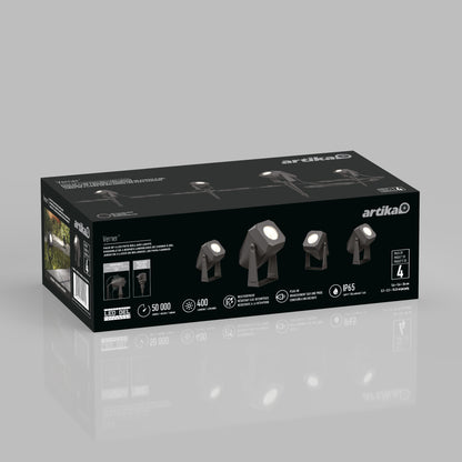 A black Artika Verner - Plug-in Landscape Single CCT LED 4-pack box features images of four pathway lights and icons for brightness, lifespan, and weather resistance, displayed on a reflective light gray surface.