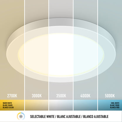 The 7" LED Skylight features five selectable colour temperatures (2700K–5000K) with labelled settings and interchangeable trim rings for customization, plus a selectable white option at the bottom.