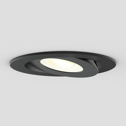 The Skyview 4in Gimbal Round, 5CCT LED is a modern black recessed light with an adjustable round design, selectable color temperature, soft white glow, and JA8‑2022 compliance—shown against a plain white background.