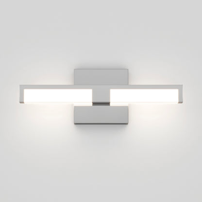 The Tivoli 14'' LED Vanity Light features a modern rectangular design with two horizontal white illuminated bars on a square metallic base, shown mounted on a plain white wall.