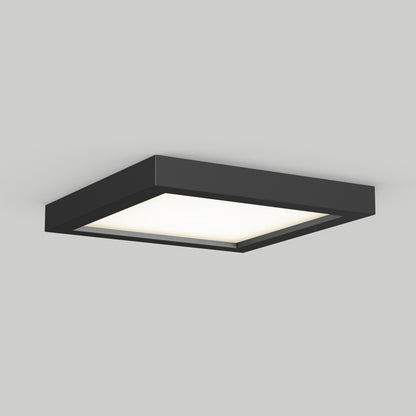 The Skylight Pro Square 7in 3K LED Flush Mount is a modern black ceiling light with a flat, illuminated white panel, installed on a plain white ceiling.